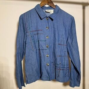 Koret Blue Denim Button Up Long Sleeve With Colorful Stitching Size Medium 90s